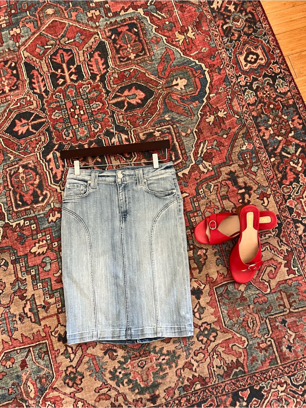 7 For All Mankind Light Blue Denim Midi Skirt
